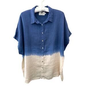 FABULOUS! | 100% Linen Blue Ombré Button Front Shirt Top Coastal Boho | XL